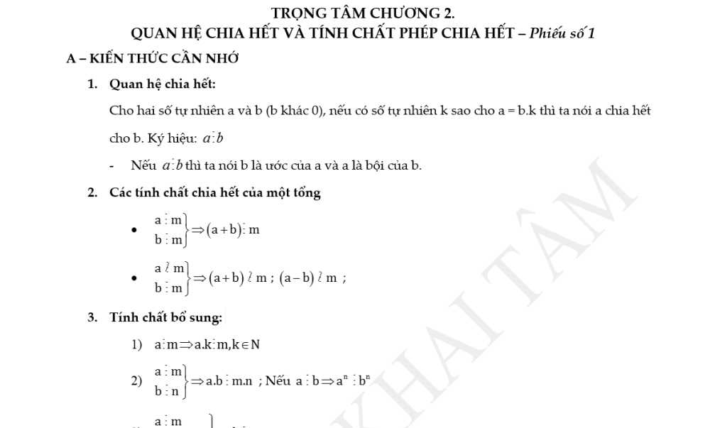 Toán 6: Trọng tâm Chương 2. Phiếu số 1: Quan hệ chia hết và tính chất phép chia hết.